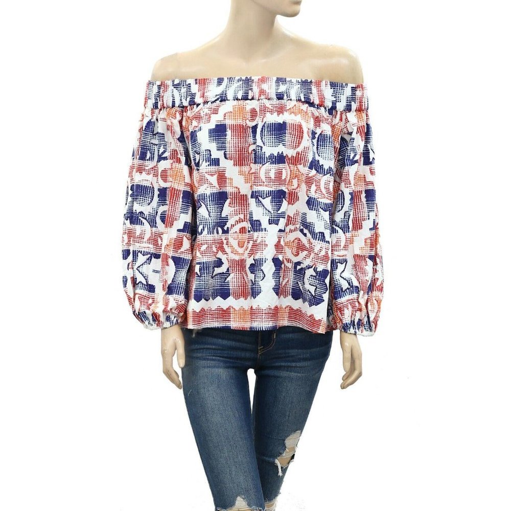 Uterque Zara Printed Sequin Embellished Blouse Top Off Shoulder M NWT